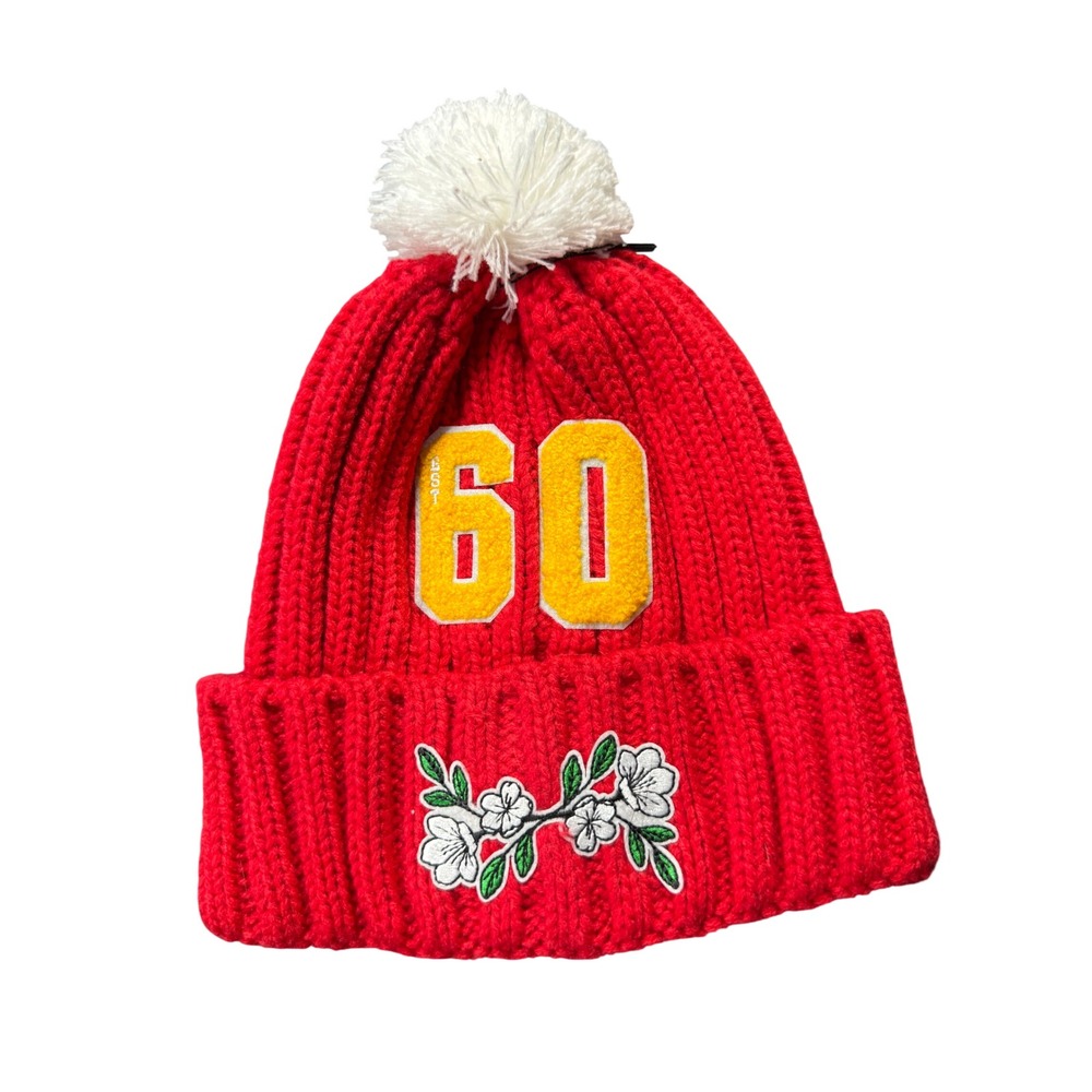 Anthropologie Beanie Women OS Red NEW Game Day 60 Floral Pom Pom Knit Hat NWT